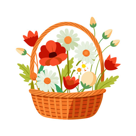Basket of Spring Flowers in Vector Illustration Style on a White Backgroundのイラスト素材