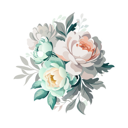 Elegant Floral Arrangement with Pastel Roses and Foliage for Backgrounds and Design Elementsのイラスト素材
