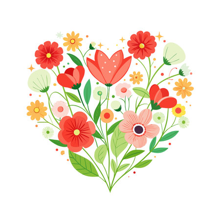 Heart Shaped Floral Arrangement with Red Pink and Yellow Flowers on White Backgroundのイラスト素材