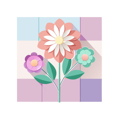 Colorful paper-cut flowers on pastel grid backdrop creating fresh spring aestheticのイラスト素材
