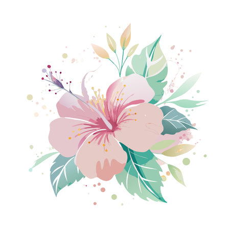 Watercolor Hibiscus Blossom with Leaves in Soft Tones Against a White Backgroundのイラスト素材