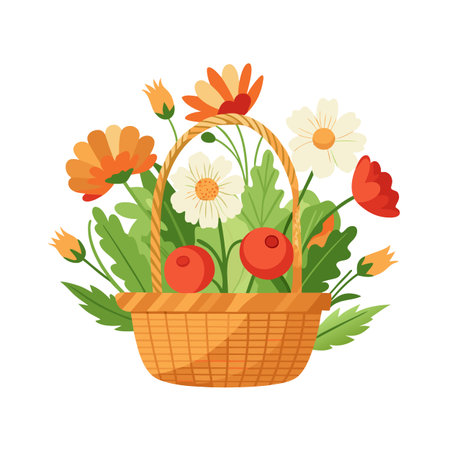 Stylized flower arrangement in a woven basket, featuring various blooms and berries against a white background.のイラスト素材