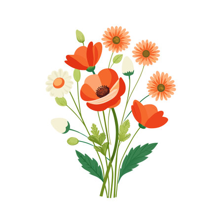 Elegant Flower Bouquet Featuring Poppies and Daisies in a Flat Design Styleのイラスト素材