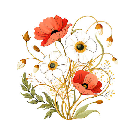Elegant floral arrangement featuring coral poppies and white anemones on a white backgroundのイラスト素材