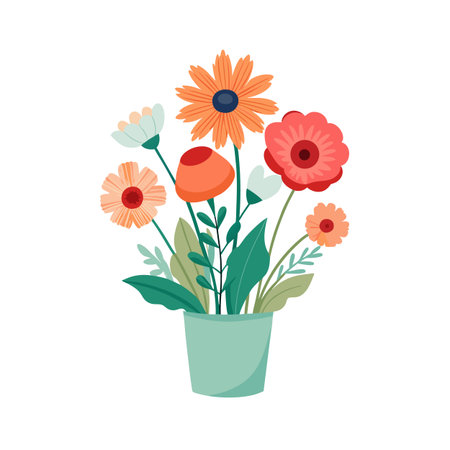 Cheerful floral arrangement in a mint pot, vibrant colors and flat design style for spring and summerのイラスト素材