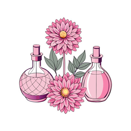 Delicate floral arrangement featuring two perfume bottles flanking gerbera daisies on a white backgroundのイラスト素材