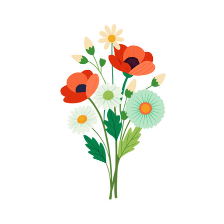Stylized floral bouquet featuring poppies and daisies on a clean white backgroundのイラスト素材