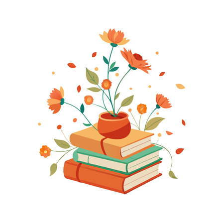 Stack of Books with Flowers and Plant in Pot, Illustration Design for Back to Schoolのイラスト素材