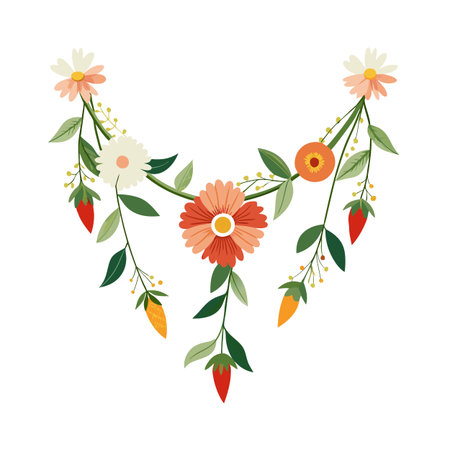 Decorative Floral Garland Illustration with Flowers, Berries, and Leaves on White Backgroundのイラスト素材