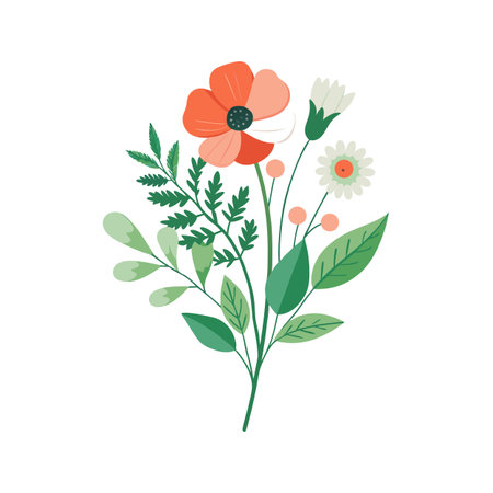 Elegant floral bouquet illustration featuring orange poppy and white daisy on a white backgroundのイラスト素材
