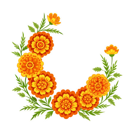 Festive Orange Marigold Flower Semi-Circle Wreath on White Background for Celebratory Designsのイラスト素材