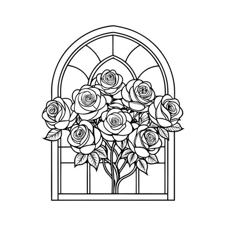 Stylized Roses in Arched Window Graphic Illustration for Valentine's Day or Weddingsのイラスト素材