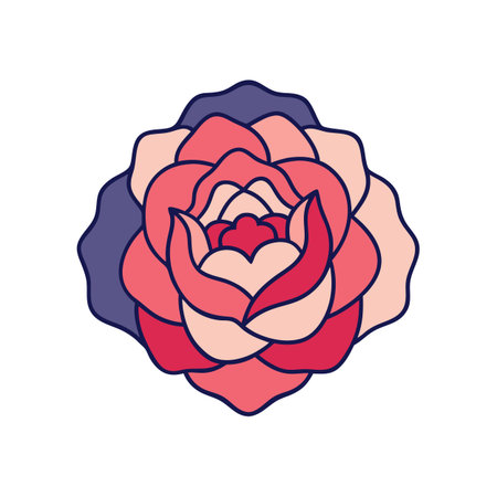 Elegant Pink Rose Illustration with Dark Blue Outlines in Flat Vector Designのイラスト素材