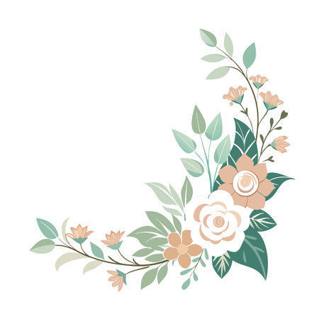 Elegant floral corner arrangement with soft pastel colors on a white background, perfect for designsのイラスト素材