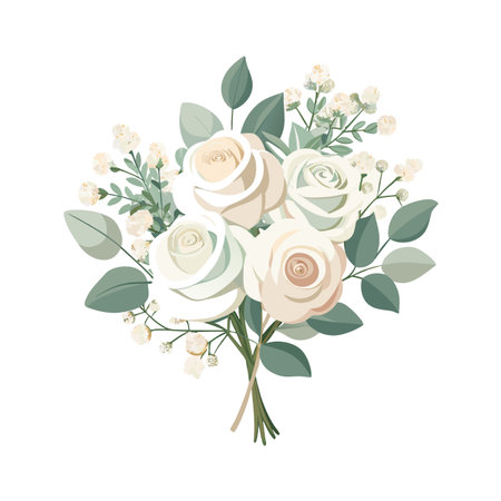 Elegant bouquet of creamy roses and baby's breath isolated on white backgroundのイラスト素材