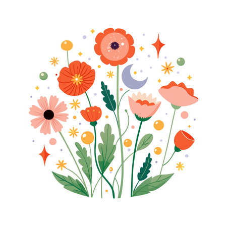 Whimsical Floral Circle with Poppies, Moon, and Stars on White Backgroundのイラスト素材