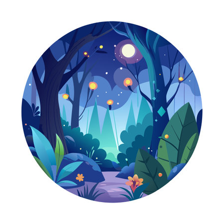 Stylized forest night illustration with glowing lights and full moon in circular frameのイラスト素材