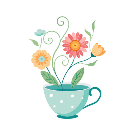 Floral arrangement in a teacup featuring flowers and leaves on a white backgroundのイラスト素材