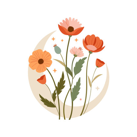 Elegant floral arrangement featuring poppies, leaves and a crescent moon in warm, muted tonesのイラスト素材