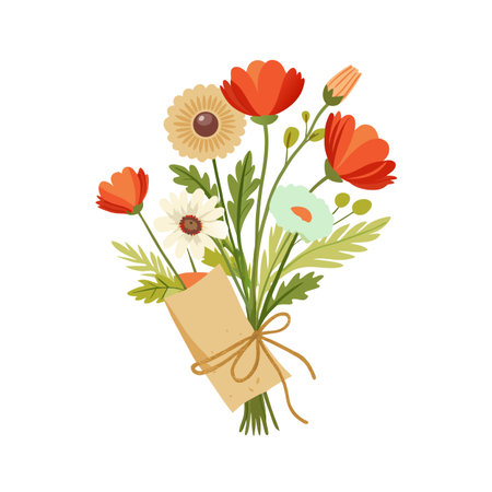 Illustrated bouquet of colorful flowers wrapped in craft paper with a tied string bowのイラスト素材