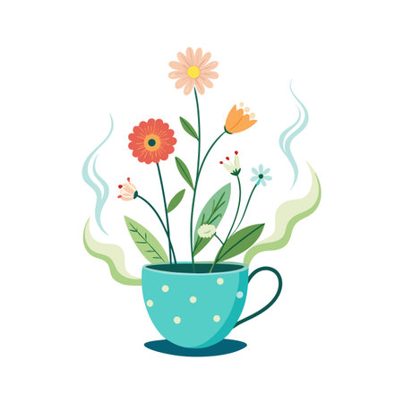 Flowers in a teacup: A whimsical floral arrangement in a polka dot mug illustrationのイラスト素材