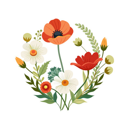 Floral arrangement with poppies daisies and greenery in circular design on white backgroundのイラスト素材