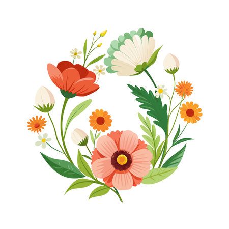 Floral Wreath Illustration with Colorful Flowers and Green Leaves for Greeting Cardsのイラスト素材