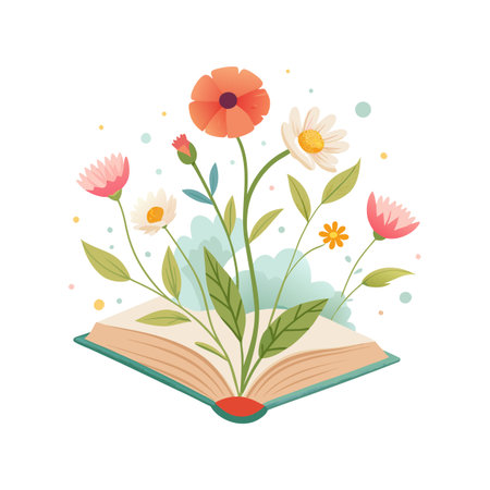 Open book with various flowers growing out of it, on a white backgroundのイラスト素材