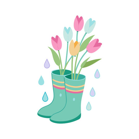 Spring Showers and Tulips: A Cheerful Illustration of Weather Boots Filled with Flowersのイラスト素材