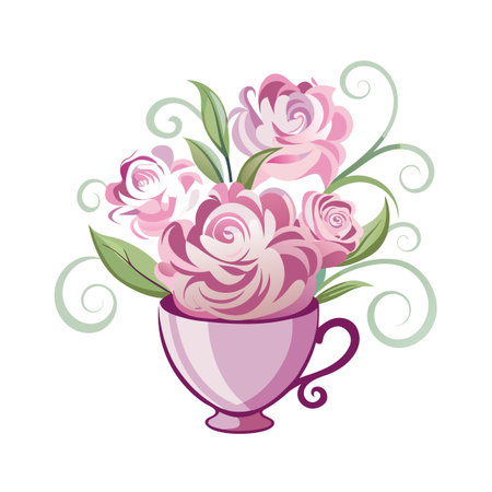 Elegant floral arrangement in a teacup, with pink roses and green foliageのイラスト素材