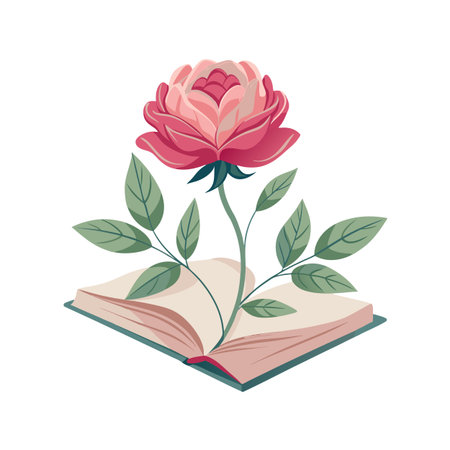 Pink peony growing from an open book illustration, symbol of growing knowledgeのイラスト素材