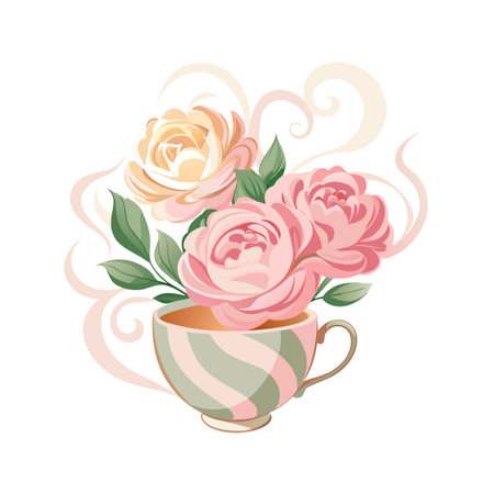Floral tea time still life featuring soft peach and pink roses in striped cupのイラスト素材
