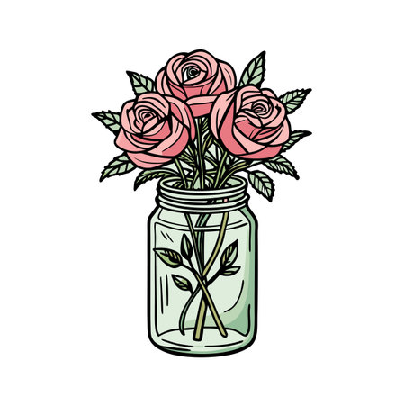 Pink Roses in Mason Jar: Floral Illustration with Detailed Lines and Pastel Tonesのイラスト素材