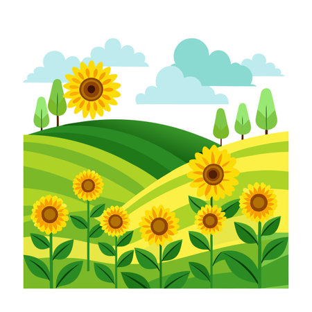 Cartoon style illustration of a sunflower field with rolling hills and blue sky.のイラスト素材