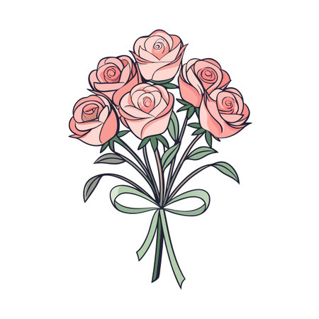 Elegant bouquet of light pink roses tied with a ribbon against a white backgroundのイラスト素材