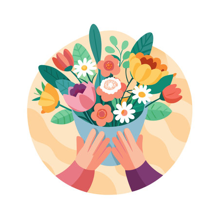 Hands holding a bouquet of colorful flowers in a vase, illustration on a round backgroundのイラスト素材
