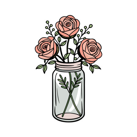 Elegant peach roses with foliage in glass mason jar, hand-drawn illustrationのイラスト素材