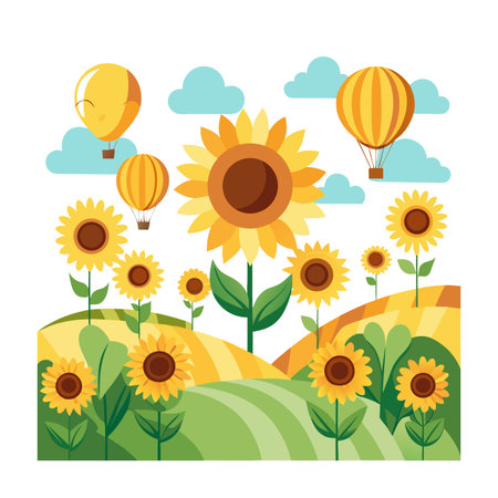 Cheerful sunflower field with hot air balloons and clouds in a flat style illustrationのイラスト素材