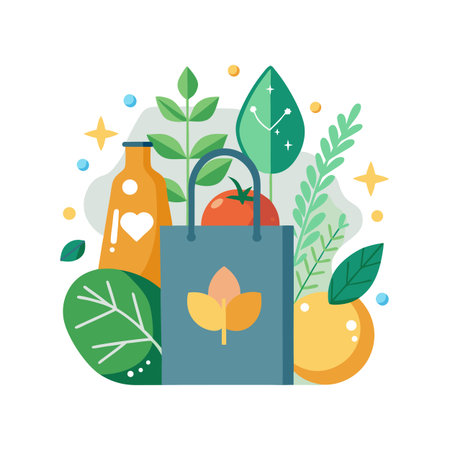 Fresh Produce in Reusable Bag with Juice Bottle - Healthy Lifestyle Flat Illustrationのイラスト素材