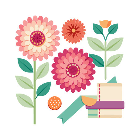 Geometric floral composition with stylized flowers, leaves and books in a flat, decorative styleのイラスト素材