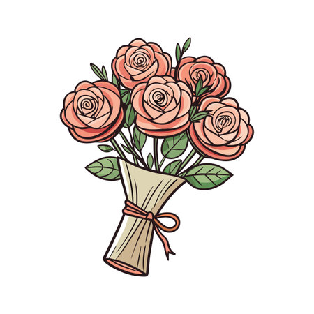 Delicate Bouquet of Peach Roses Wrapped in Paper, Tied with Ribbonのイラスト素材