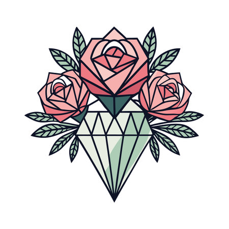 Geometric Rose Bouquet with Diamond: A Bold and Elegant Vector Graphic Illustrationのイラスト素材