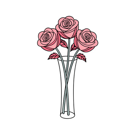 Three Pink Roses in a Tall Vase: Vector Illustration on a White Backgroundのイラスト素材