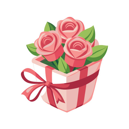 Elegant pink roses arranged in a decorative container with a charming ribbon bowのイラスト素材