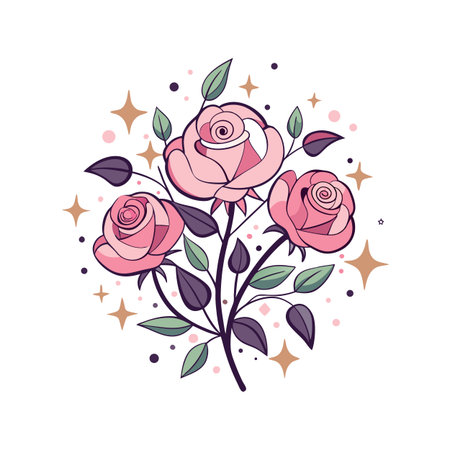 Stylized Floral Arrangement: Three Pink Roses with Leaves and Sparkles on White Backgroundのイラスト素材