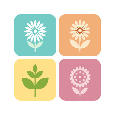 Four colorful floral icon designs set on rounded square backgrounds, a spring themeのイラスト素材