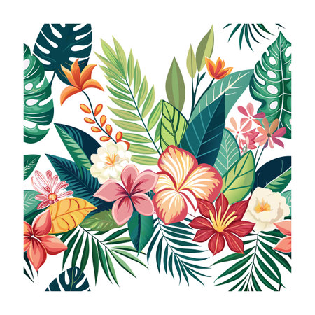Vibrant tropical floral arrangement with hibiscus, monstera leaves and palm fronds on a white backgroundのイラスト素材