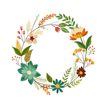 Floral wreath illustration with colorful flowers and leaves on a white backgroundのイラスト素材
