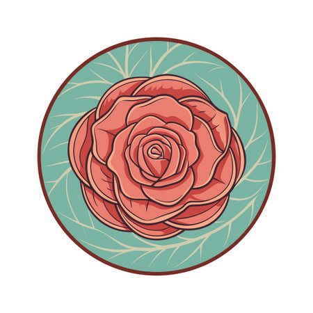 Vintage Rose Floral Emblem Design with Teal Backdrop, Illustration Style Artのイラスト素材
