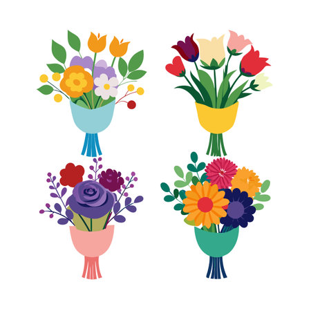Four Flower Bouquets Isolated on White Background in Flat Vector Styleのイラスト素材